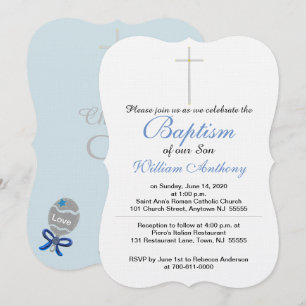 Invitación Sonajero Cruz Bautismal Gris Azul Bebé