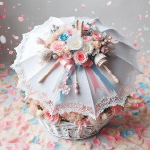 Invitación Sonajero de flores de paraguas de ducha blanca ele