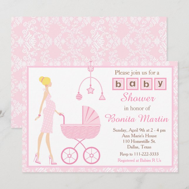 Invitación Sonda de Damask Rosa Esperando Baby Shower Chica (Anverso / Reverso)