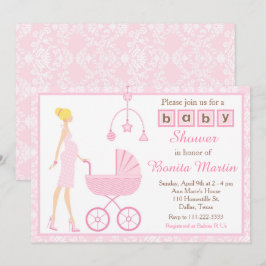 Invitación Sonda de Damask Rosa Esperando Baby Shower Chica