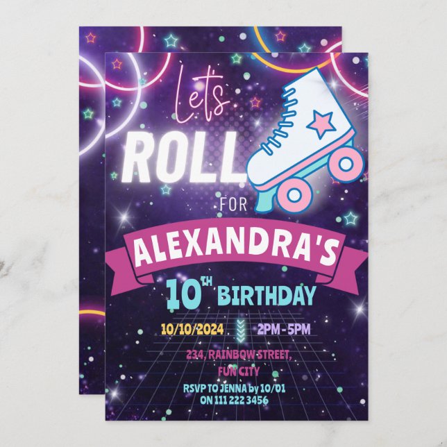 Invitación Sonido Chica de cumpleaños de neón para patinar so (Anverso / Reverso)