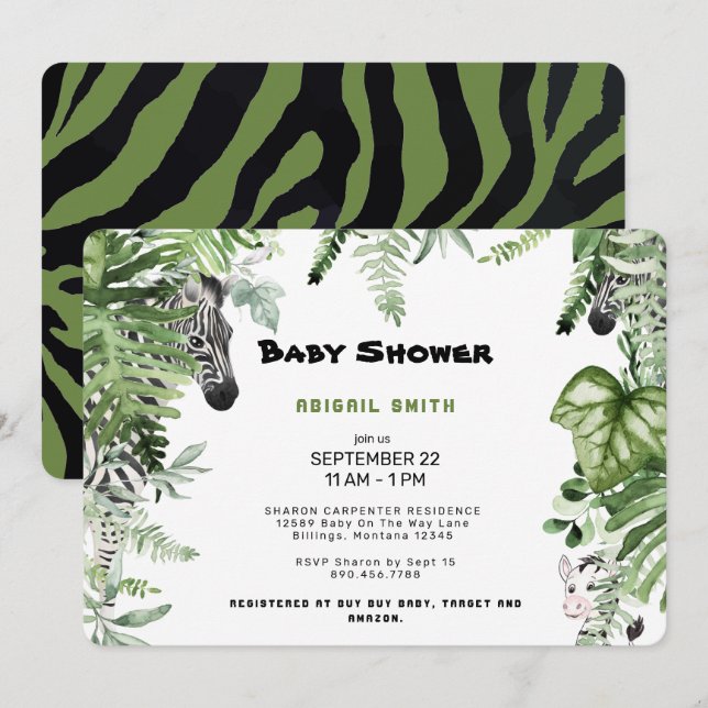 Invitación Sonido de Baby Shower botánico de cebra (Anverso / Reverso)