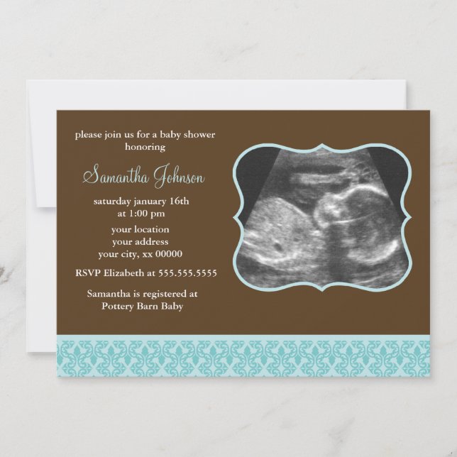 Invitación Sonogram azul Baby Shower del modelo del damasco (Anverso)