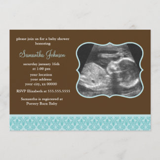 Invitación Sonogram azul Baby Shower del modelo del damasco