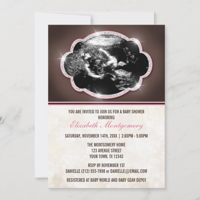 Invitación Sonogram rústico Baby Shower del rosa del (Anverso)
