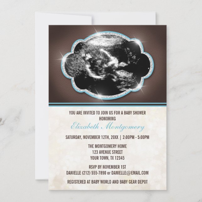 Invitación Sonograma azul Purpurina ruso Baby Shower (Anverso)