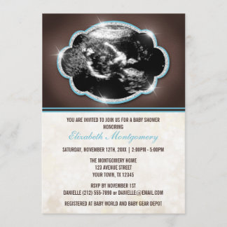 Invitación Sonograma azul Purpurina ruso Baby Shower