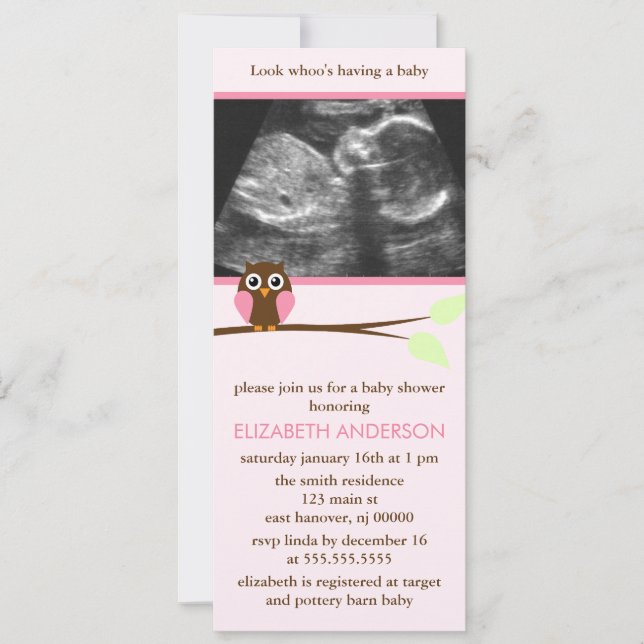 Invitación Sonograma de búho rosa Baby Shower (Anverso)