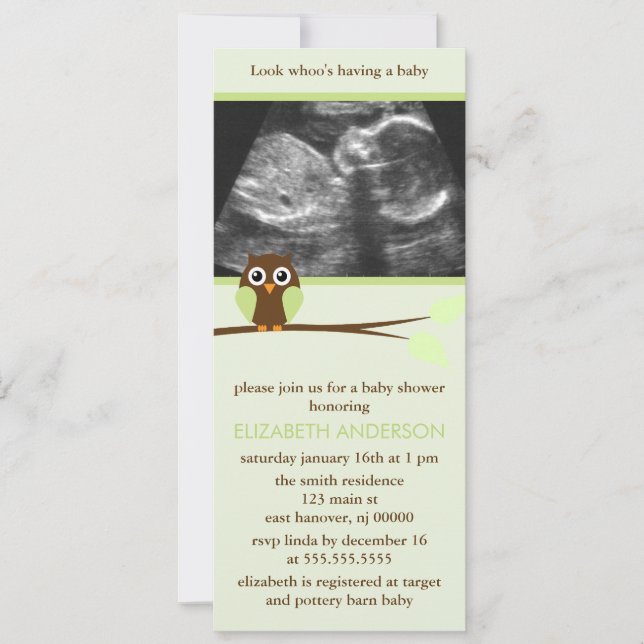 Invitación Sonograma de búho verde Baby Shower (Anverso)