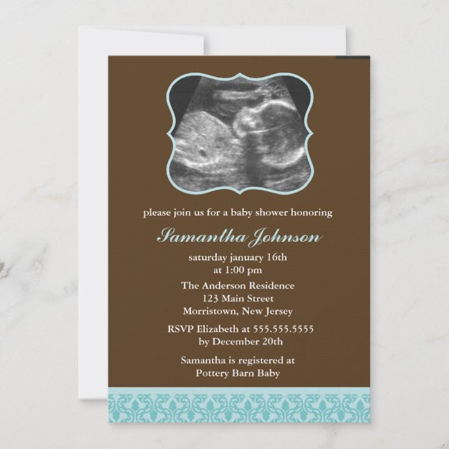 Invitación Sonograma del patrón de Damasco azul Baby Shower (Anverso)