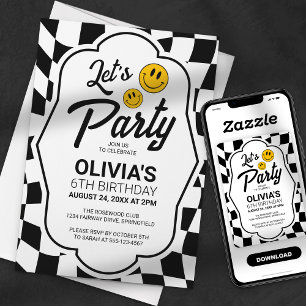 Invitación Sonríe Cara de Cumpleaños a Cuadros Retro Vamos a 