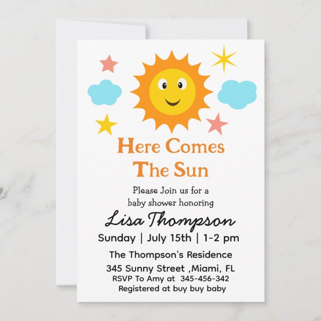 Invitación Sonriendo El Sol Aquí Viene El Baby Shower Del Sol (Anverso)