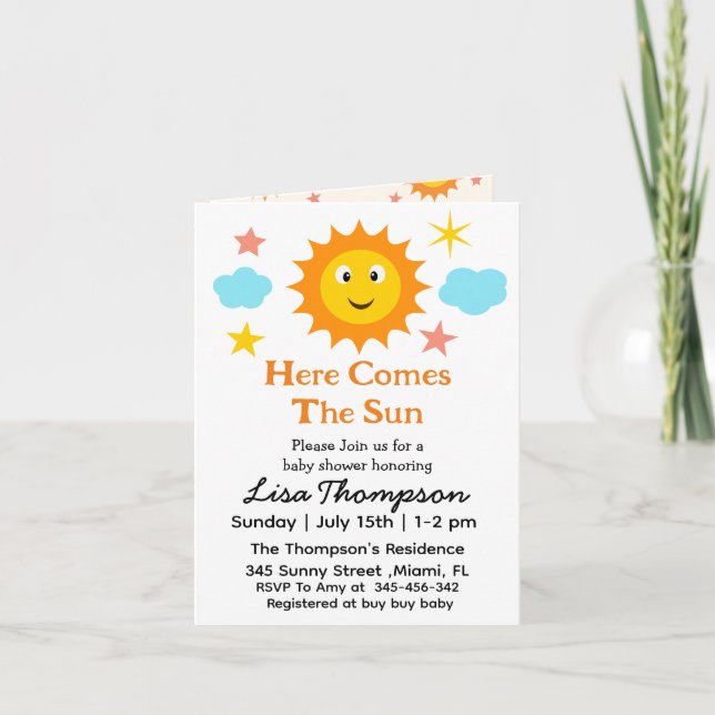 Invitación Sonriendo El Sol Aquí Viene El Baby Shower Del Sol (Anverso)