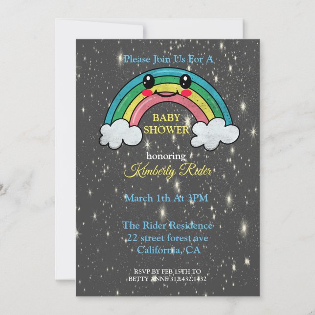 Invitación sonriente a Baby Shower con arcoiris (Anverso)