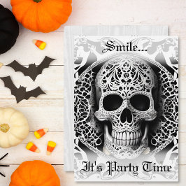 Invitación Sonriente Cráneo Gótico Halloween Blanco y Negro