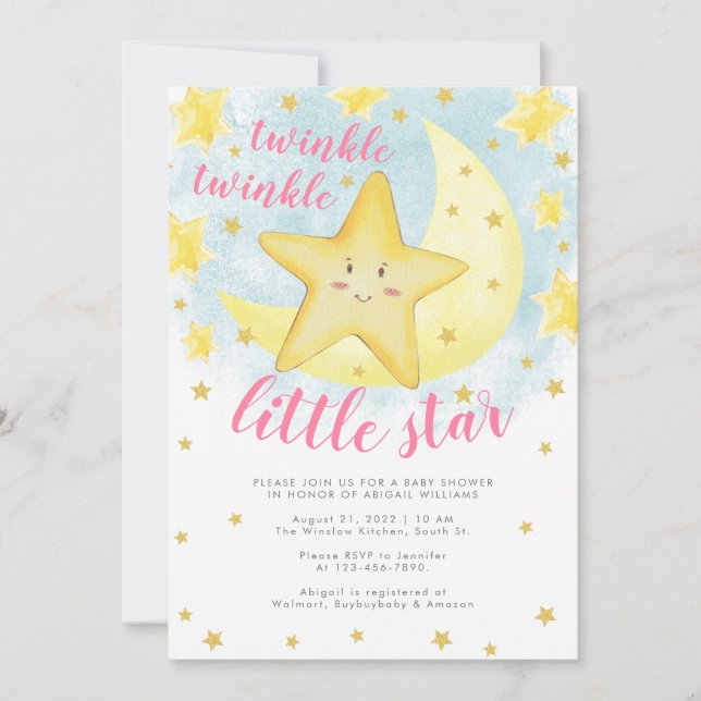 Invitación Sonriente Rosa Gold Twinkle Little Star Baby Showe (Anverso)