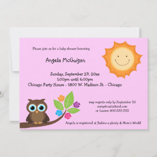 Invitación Sonriente Rosa Sunshine Y Lechuza Baby Shower Invi