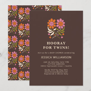 Invitación Sonrisa Retro Boho Floral Groovy GEMELAS Baby Show