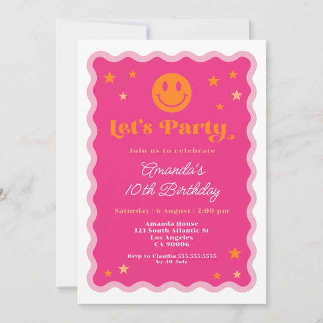 Invitación Sonrisa rosa y Naranja Cara Chica de marcos ondula (Anverso)