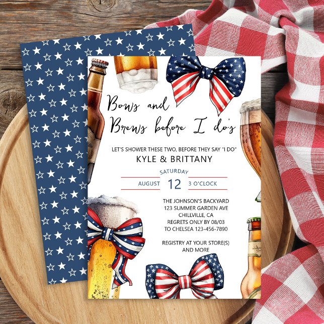 Invitación Sopas y cerdas antes de que yo haga parejas casar  (Patriotic Themed Couples Shower invitation with Bows and Brews before I do )