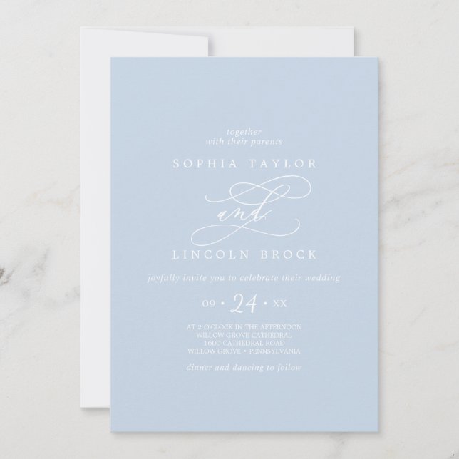 Invitación SOPHIA Bebé moderno azul todo en un Boda (Anverso)