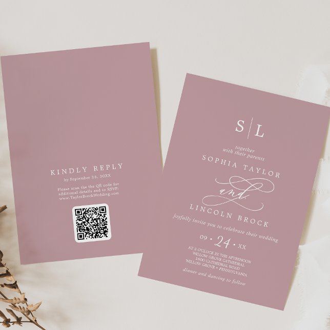 Invitación SOPHIA Código QR Rosa Polvoriento Rosa Todo En Un  (SOPHIA QR Code Dusty Rose Pink All In One Wedding Invitation)
