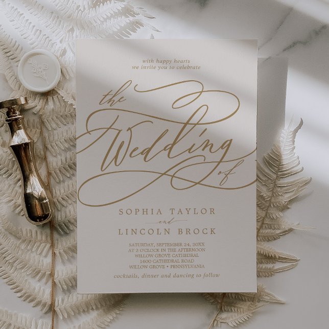 Invitación SOPHIA Gold Cream Elegant Fancy Script Boda (SOPHIA Gold Cream Elegant Fancy Script Wedding Invitation)