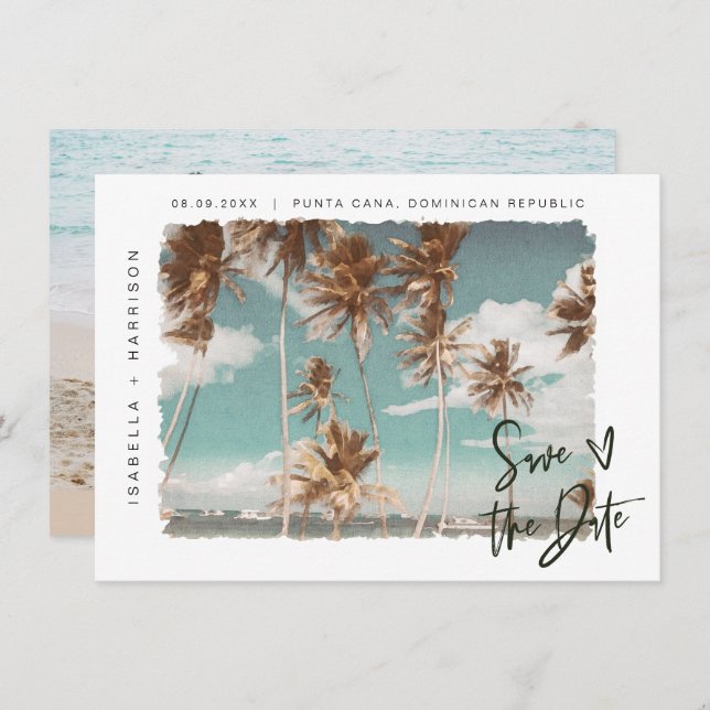 Invitación SOPHIA | Island Beach Tropical Palm Save the Date (Anverso / Reverso)