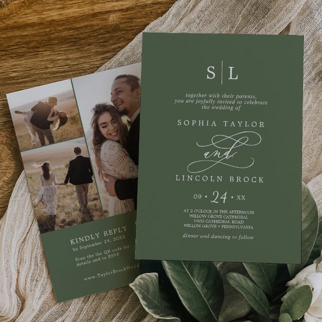 Invitación SOPHIA QR 3 Foto Olive Green Todo En Un Boda (SOPHIA QR 3 Photo Olive Green All In One Wedding Invitation)