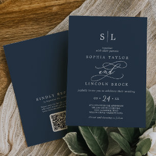 Invitación SOPHIA QR Code Dark Blue Modern All In One Boda
