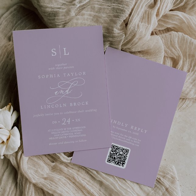 Invitación SOPHIA QR Code Lilac Purple All In One Boda (SOPHIA QR Code Lilac Purple All In One Wedding Invitation)