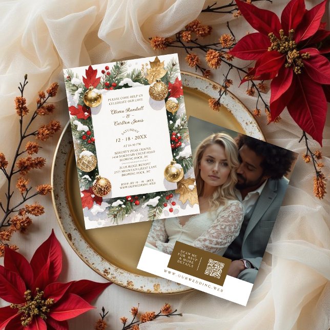 Invitación Sophistated Colorful Christmas Botanical & Floral (Sophisticated Colorful Christmas Botanical and Floral Frame Wedding Invitations Cards with Back QR.)