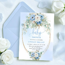 Invitación Sophisticated Blue Peonies Eucalyptus Gold Baby