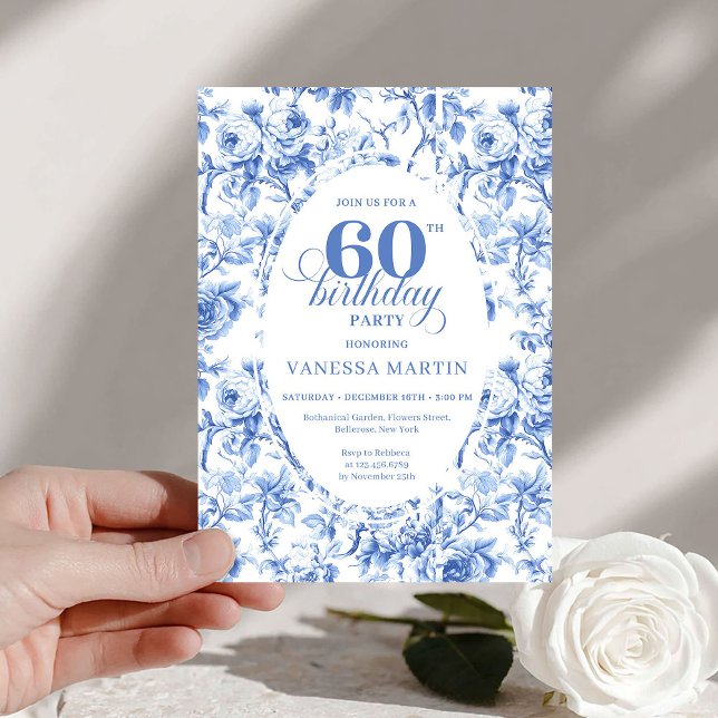 Invitación Sophisticated Blue Roses Floral Toile 60 Birthday (Sophisticated Blue Roses Floral Toile 60th Birthday)