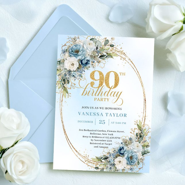 Invitación Sophisticated Bohemian Blue Floral Gold 90th Bday (Sophisticated Bohemian Blue Floral Gold 90th Birthday)