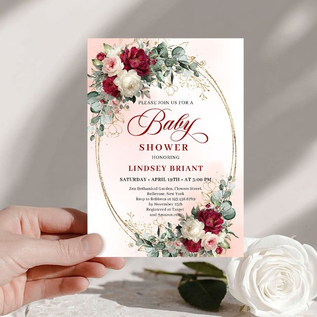 Invitación Sophisticated Boho Marsala Floral Gold Baby Shower (Sophisticated Boho Marsala Floral Gold Baby Shower Invitation)