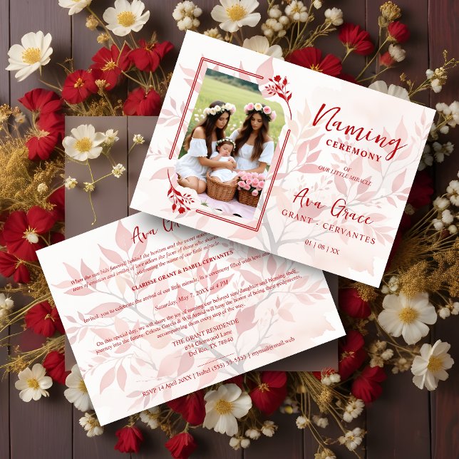 Invitación Sophisticated Botanical Red Frame Photo Naming  (Sophisticated Botanical Red Frame Photo Naming Ceremony Invitation Card. )