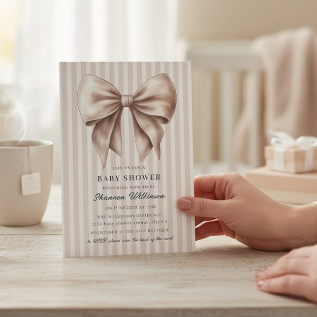 Invitación Sophisticated Bow Baby Shower Invite Neutral Strip (Subido por el creador)