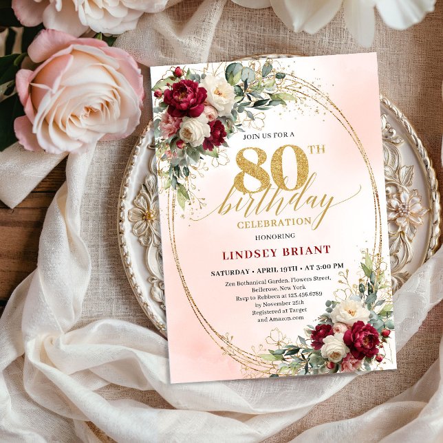 Invitación Sophisticated Burgundy Floral Frame 80th Birthday  (Sophisticated Burgundy Floral Frame 80th Birthday Invite)