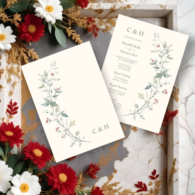 Invitación Sophisticated Chic Wildflowers & Green Shades  (Sophisticated Chic Wildflowers Garland Green Shades & Dark Red Wedding Invitations Cards. )