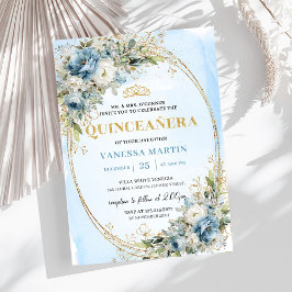 Invitación Sophisticated Dusty Blue Gold Greenery 15 Birthday