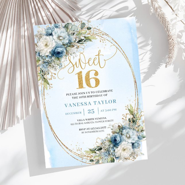 Invitación Sophisticated Dusty Blue Gold Sweet Sixteen Invite (Sophisticated Dusty Blue Gold Sweet Sixteen Invite)
