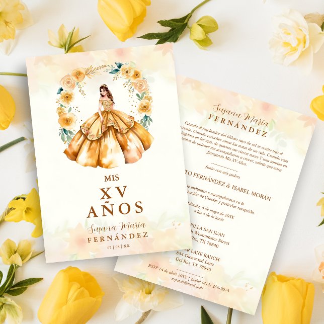 Invitación Sophisticated Floral Garland Spanish Photo Mis XV (Sophisticated Gown Illustration Floral Garland Spanish Mis XV in Yellow Shades Invitation.)