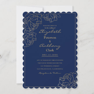 Invitación Sophisticated navy blue gold peony floral Wedding