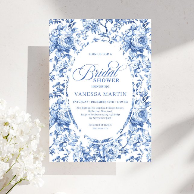 Invitación Sophisticated Navy Toile Rose Bridal Shower Invite (Sophisticated Navy Toile Rose Bridal Shower Invite)