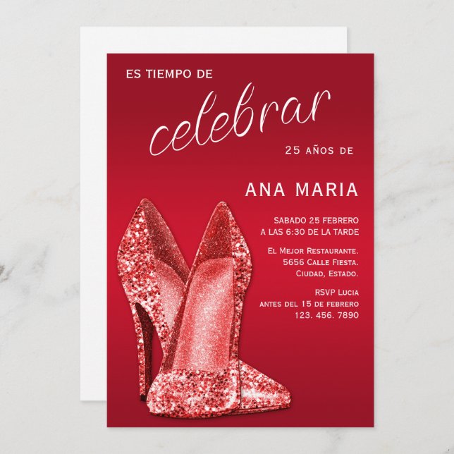 Invitación Sophisticated Red Spanish Feminine Birthday  (Anverso / Reverso)