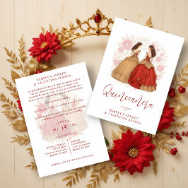 Invitación Sophisticated Spanish Red & Gold Quinceañera Twins