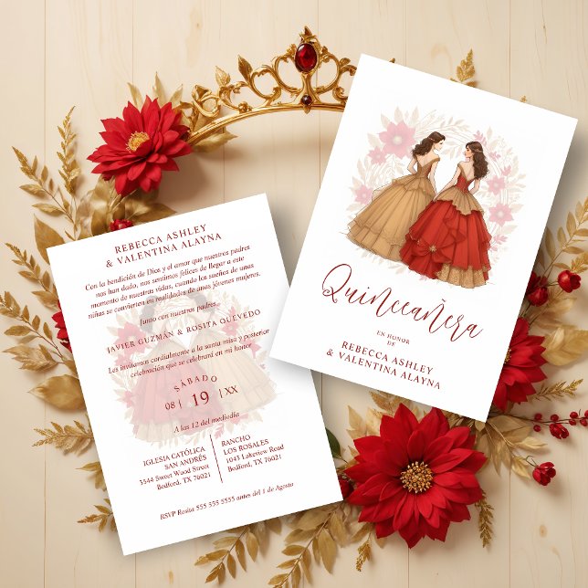 Invitación Sophisticated Spanish Red & Gold Quinceañera Twins (Sophisticated Spanish Red & Gold Quinceañera Twins Invitations Cards.)