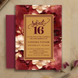 Invitación Sophisticated Sweet 16 Burgundy Gold Floral Invite