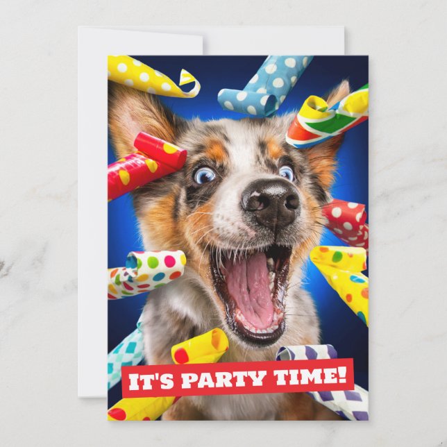 Invitación Sopladores de fiesta de perro feliz (Anverso)